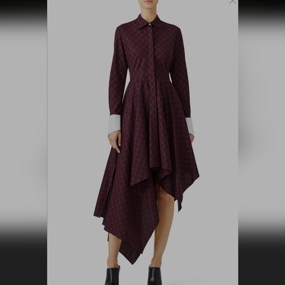 Petersyn Sutton Tartan Red Plaid Cotton Asymmetric A-line Midi Dress Size Small - Picture 13 of 15